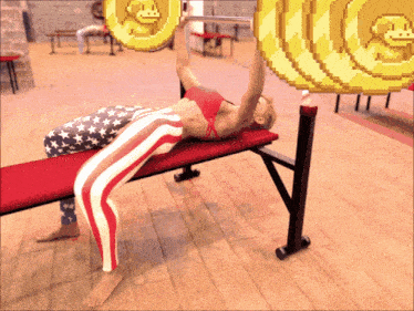 a woman is lifting a barbell on a bench with a pixelated image of a monkey behind her