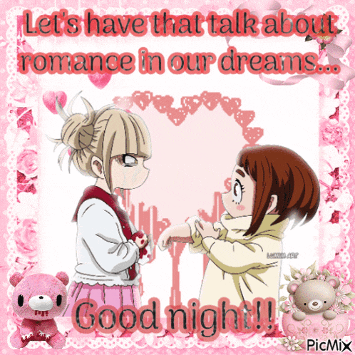 a picture of two girls with the words " let 's have that talk about romance in our dreams good night "