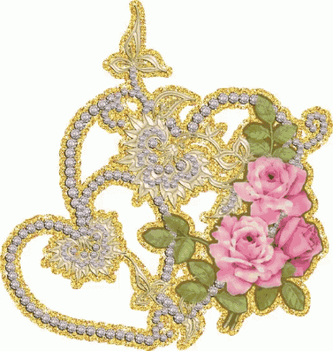 a gold and silver floral design with pink roses and pearls