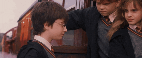 harry potter and hermione granger are standing next to each other on a train