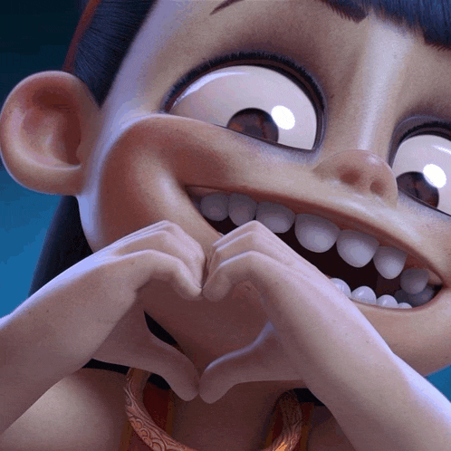 a close up of a cartoon character making a heart shape with her hands