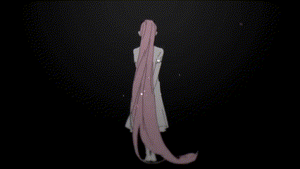 a drawing of a woman with pink hair and red eyes .