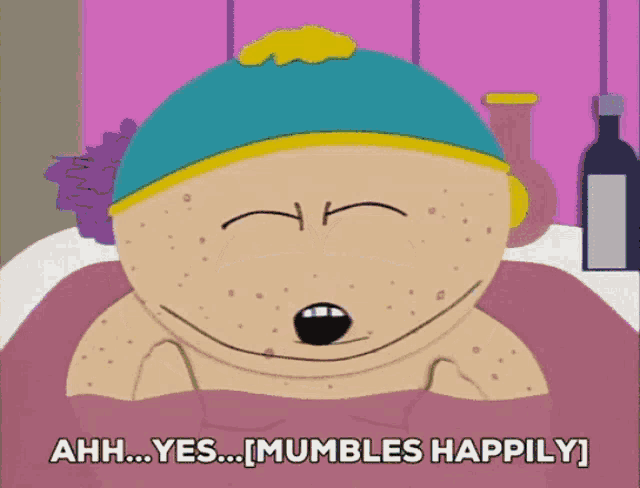 a cartoon character says " ahh yes mumbles happily " while taking a bath
