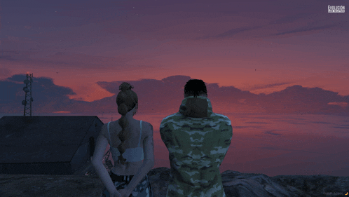 a man and a woman are looking at a sunset in a video game called grand theft auto