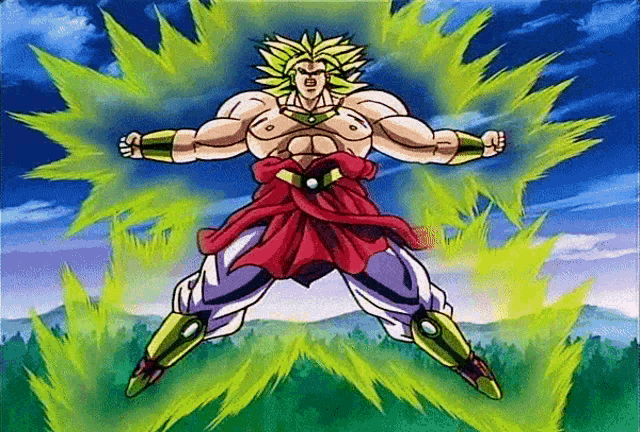 a cartoon character named broly is surrounded by green light