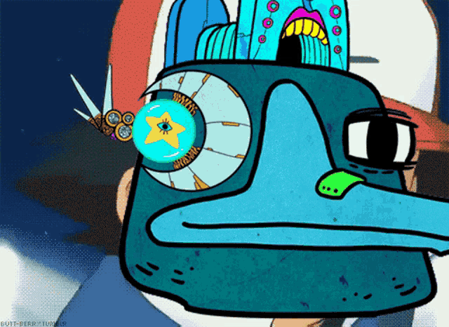 a cartoon drawing of a blue bird with a star in the eye