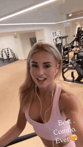 a woman wearing a pink top that says best combo ever on it