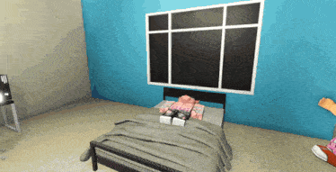 a bed in a room with a blue wall and a window