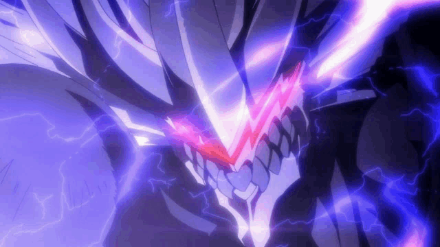 a close up of a monster with purple lightning around it