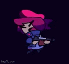 a cartoon character is holding a gun and a sword in a dark room .