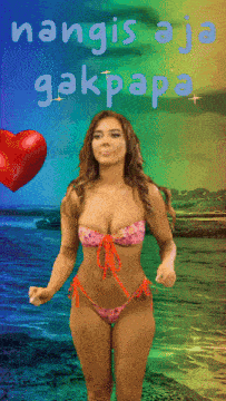 a woman in a bikini is dancing in front of a colorful background with the words " mangis aja gakpapa "