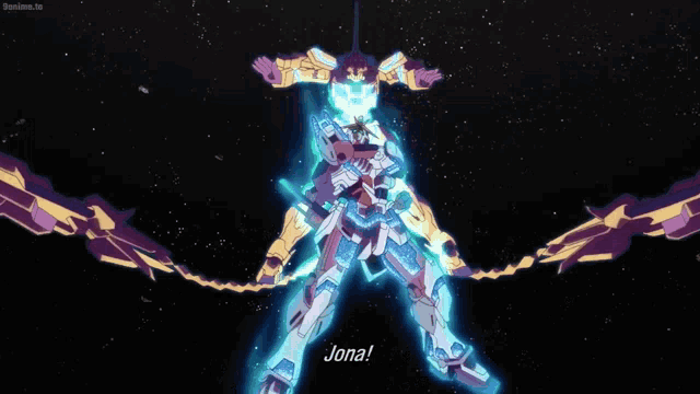 a robot is glowing in the dark and says soanime.tv in the lower right corner