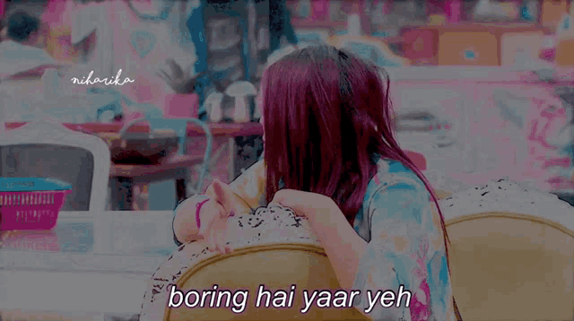 a girl with purple hair is sitting in a chair with the words " boring hai yaar yeh " written on the bottom