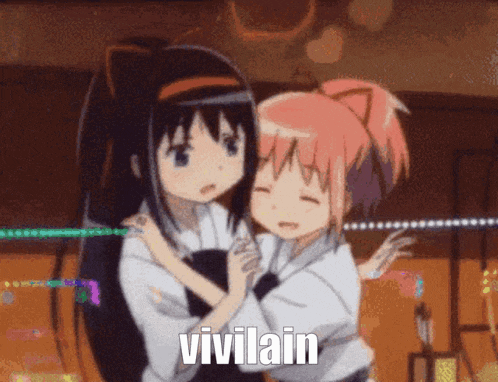 a couple of anime girls hugging each other with the words vivilain written on the bottom