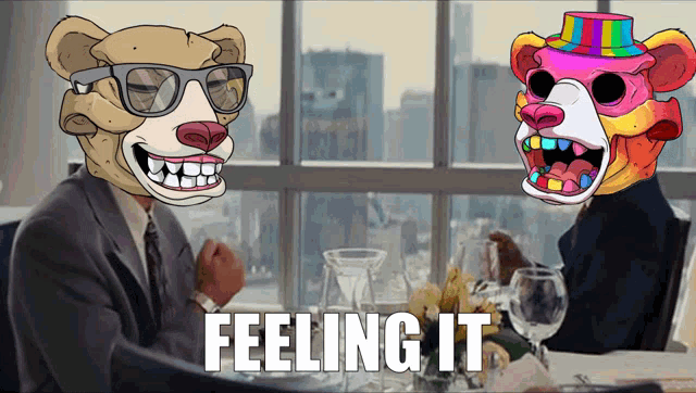 a cartoon of two bears sitting at a table with the words feeling it on the bottom