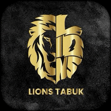 the logo for lions tabuk is a gold lion with a cross in the middle .
