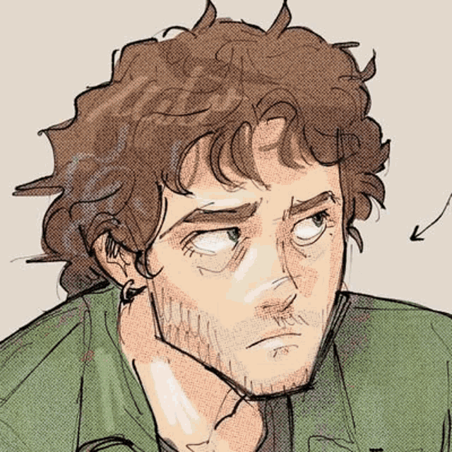 a drawing of a man with curly hair and a beard is looking up .