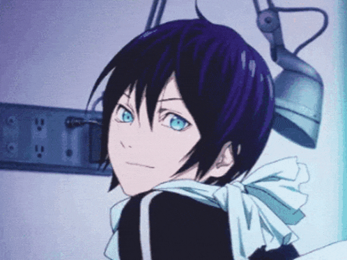 a cartoon character with purple hair and blue eyes is looking over his shoulder
