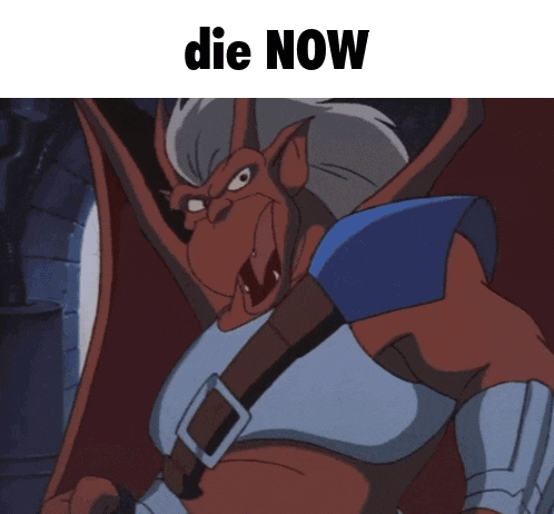 a cartoon of a gargoyle with the words die now above him