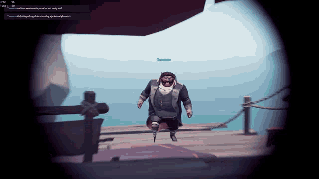 a screenshot of a video game shows a man walking on a pier