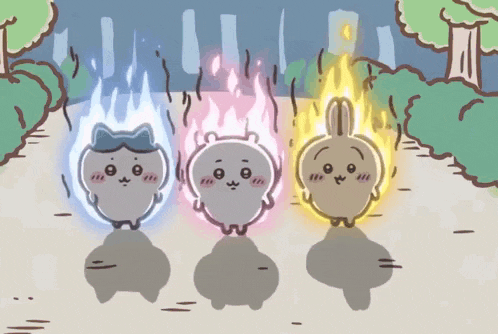 a cartoon of a cat a rabbit and a bear with flames coming out of them
