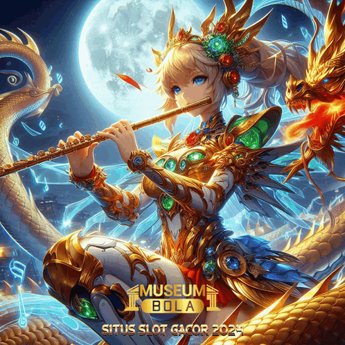 a poster of a girl playing a flute with the words museum bola at the bottom