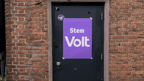 a black door with a purple poster that says stem volt on it