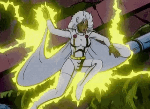a woman in a superhero costume is flying through the air with a yellow lightning bolt behind her .
