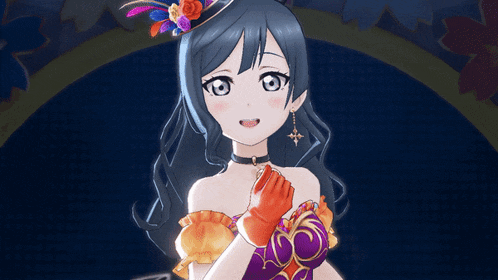 a girl in a purple dress with a red glove on her hand