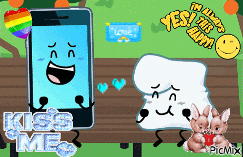 a picture of a cell phone and a marshmallow with the words kiss me on it