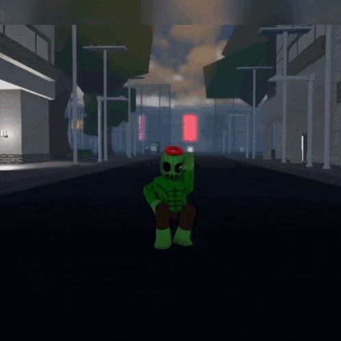 a cartoon character is walking down a street with a red light behind him
