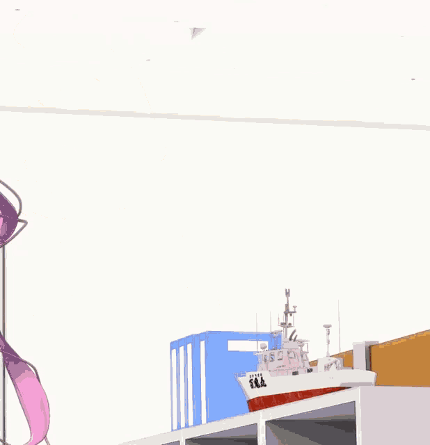a girl in a bikini is holding a phone in front of a model ship