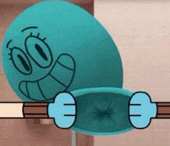 a cartoon character from the amazing world of gumball is sitting on a ledge .