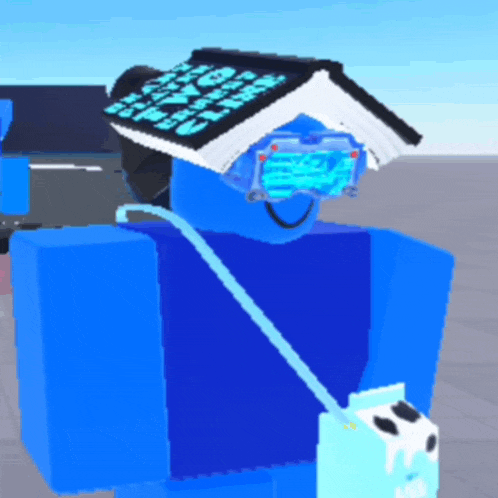 a blue robot with a book on his head holding a milk carton