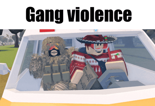 two cartoon characters in a car with the words gang violence