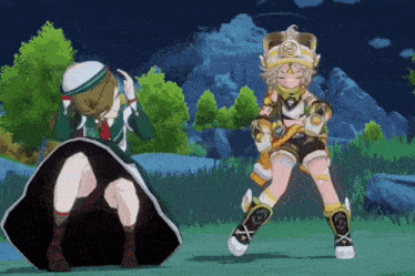 two anime characters are dancing in a video game .