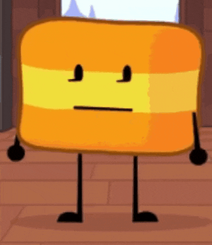 a cartoon character with arms and legs is standing on a wooden floor with a serious face .