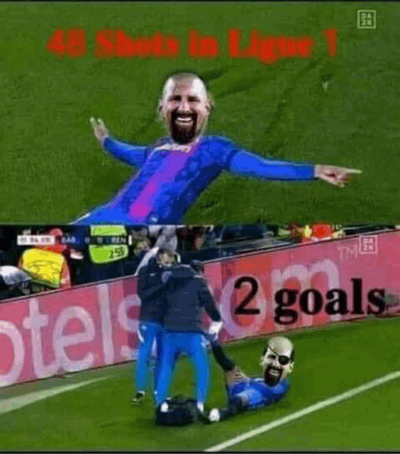 a soccer player is laying on the field with a man kneeling next to him and a sign that says 2 goals