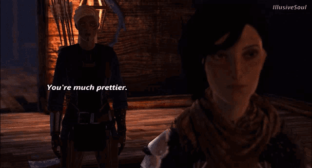 a screenshot of a video game with the words " you 're much prettier " at the top
