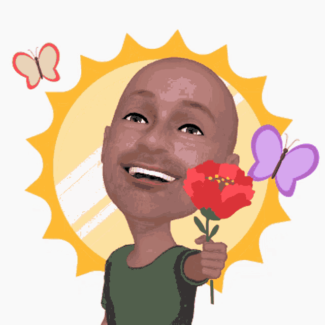 a cartoon of a man holding a red flower with butterflies behind him