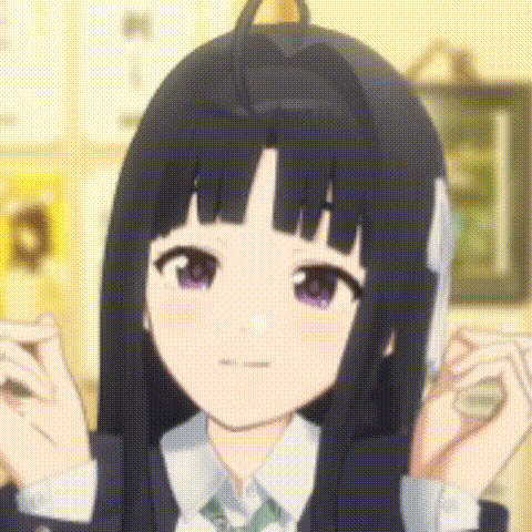 a close up of a girl with long black hair and purple eyes holding a piece of paper .
