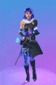a woman with blue hair is jumping in the air .
