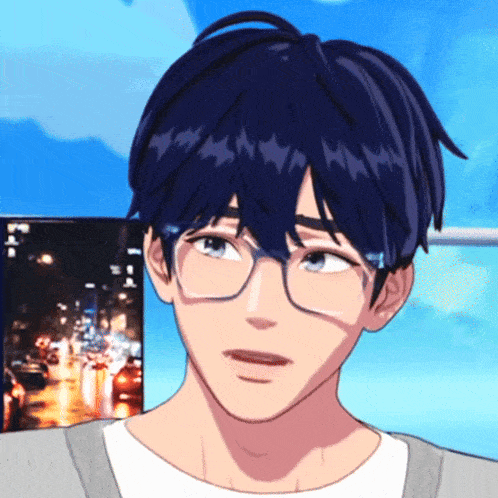 a close up of a person 's face with glasses and blue hair