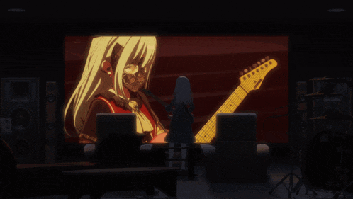 a girl is playing a guitar in front of a screen that says ' yamaha ' on it