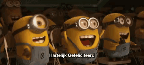 a group of minions are standing next to each other with the words hartelijk gefeliciteerd written on the bottom