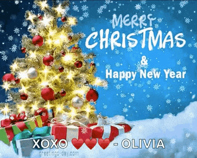 a merry christmas and happy new year card with a christmas tree and gifts