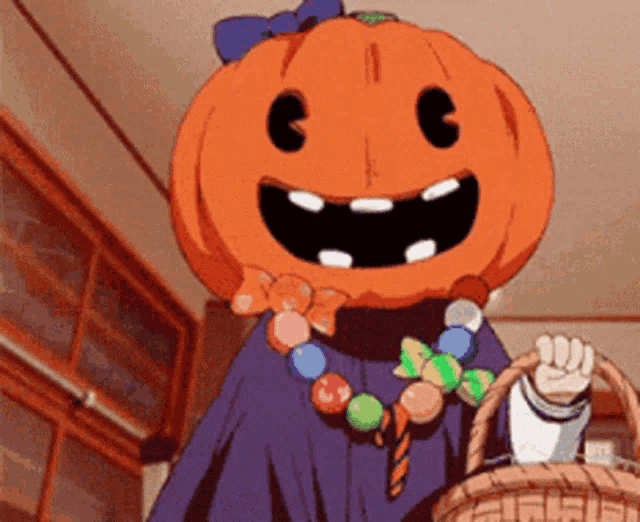 a girl with a pumpkin head is holding a basket of candies .