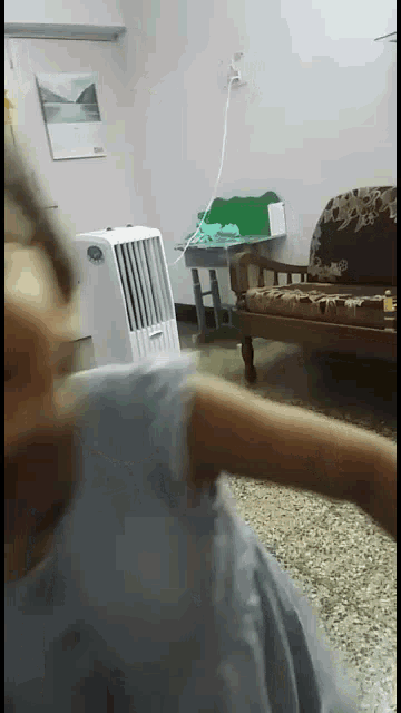 a person in a room with a couch and a fan