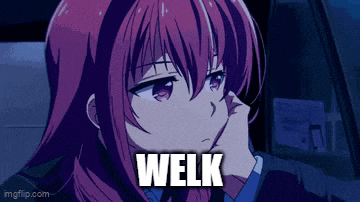 a red haired anime girl is sitting in a car with the word welk above her head .