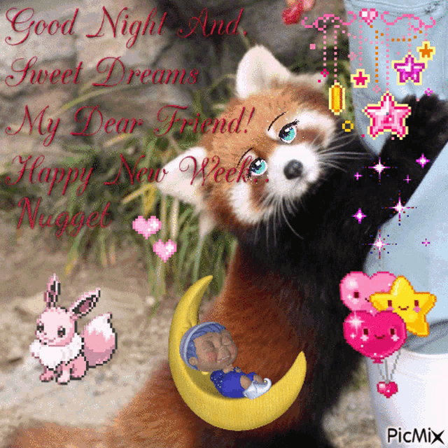 a red panda with a baby sleeping on a crescent moon and the words good night and sweet dreams my dear friend